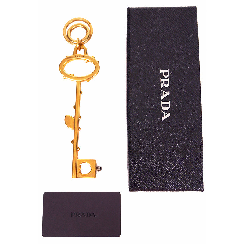 NEW $440 PRADA RUNWAY Gold Tone Metal FLOWER Thorns Logo SKELETON KEY KEYRING