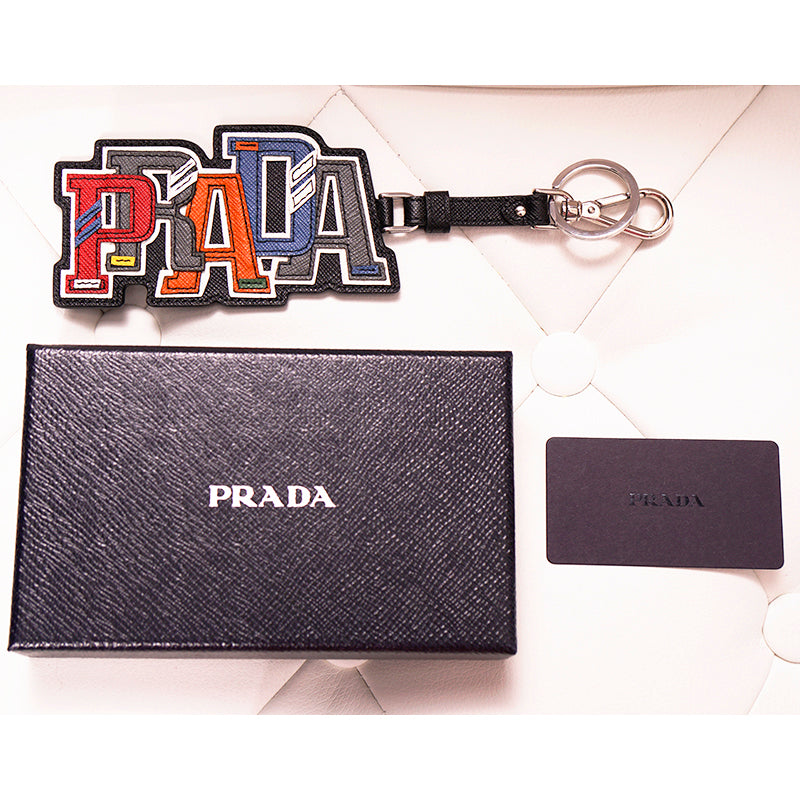 NEW $495 PRADA Preppy LOGO Multicolor SAFFIANO LEATHER Trick KEYRING BAG CHARM