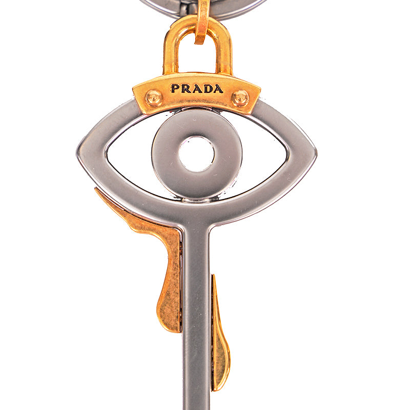 NEW $440 PRADA RUNWAY Silver Tone Metal EYE w/ TEARDROPS SKELETON KEY KEYRING