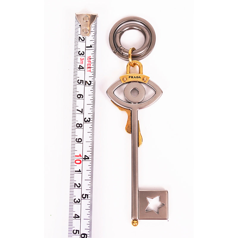 NEW $440 PRADA RUNWAY Silver Tone Metal EYE w/ TEARDROPS SKELETON KEY KEYRING