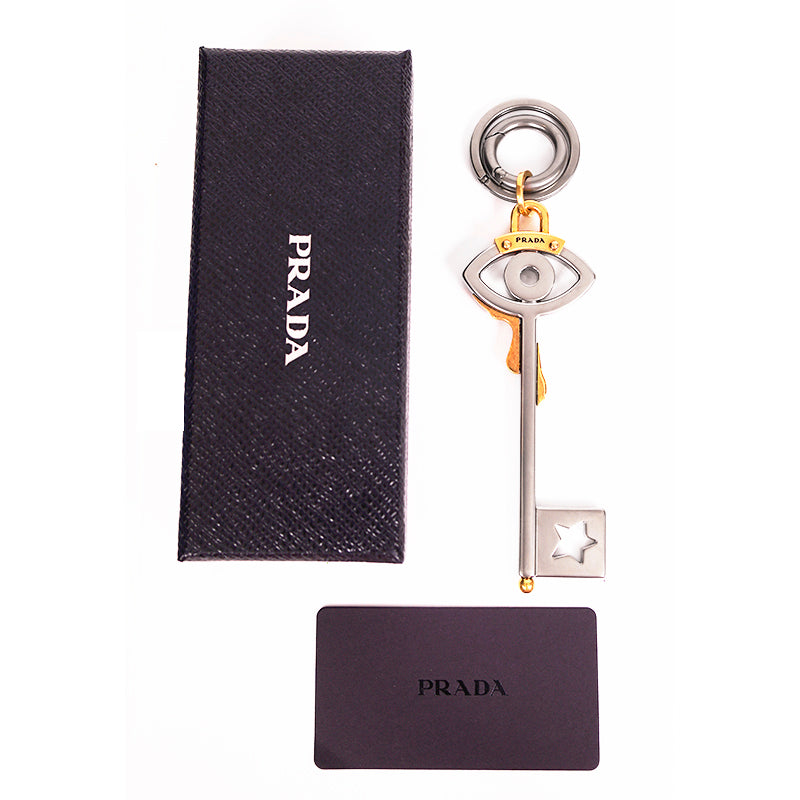 NEW $440 PRADA RUNWAY Silver Tone Metal EYE w/ TEARDROPS SKELETON KEY KEYRING