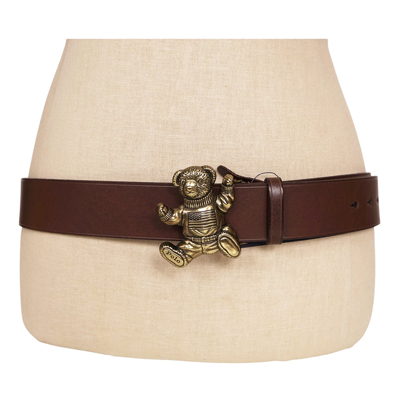 sz 38 NEW RALPH LAUREN POLO Men's Brown Leather TEDDY BEAR LOGO BUCKLE BELT NWT