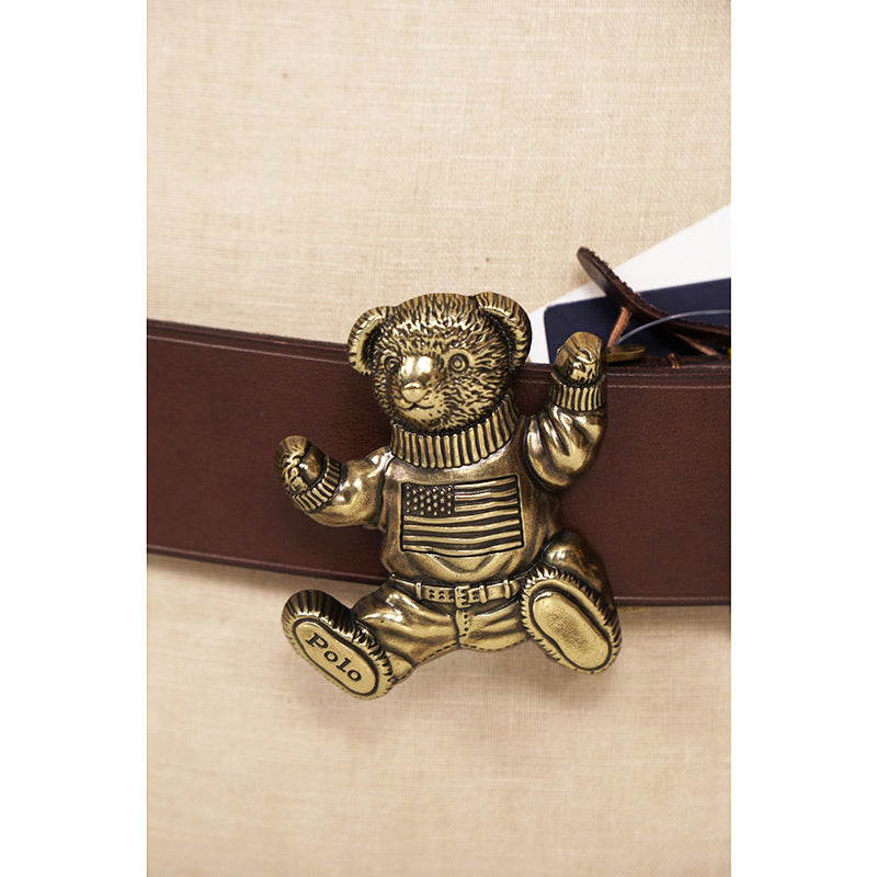 sz 38 NEW RALPH LAUREN POLO Men's Brown Leather TEDDY BEAR LOGO BUCKLE BELT NWT