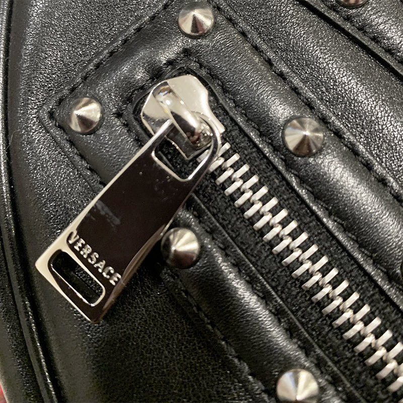 NEW VERSACE $2,175 Black Leather STUDDED RUNWAY REPEAT HOBO BAG & CROSSBODY TRAP
