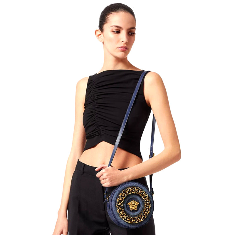 NEW $1,695 VERSACE Denim & Leather Gold LA MEDUSA CHAIN Logo DISCO ROUND BAG NWT