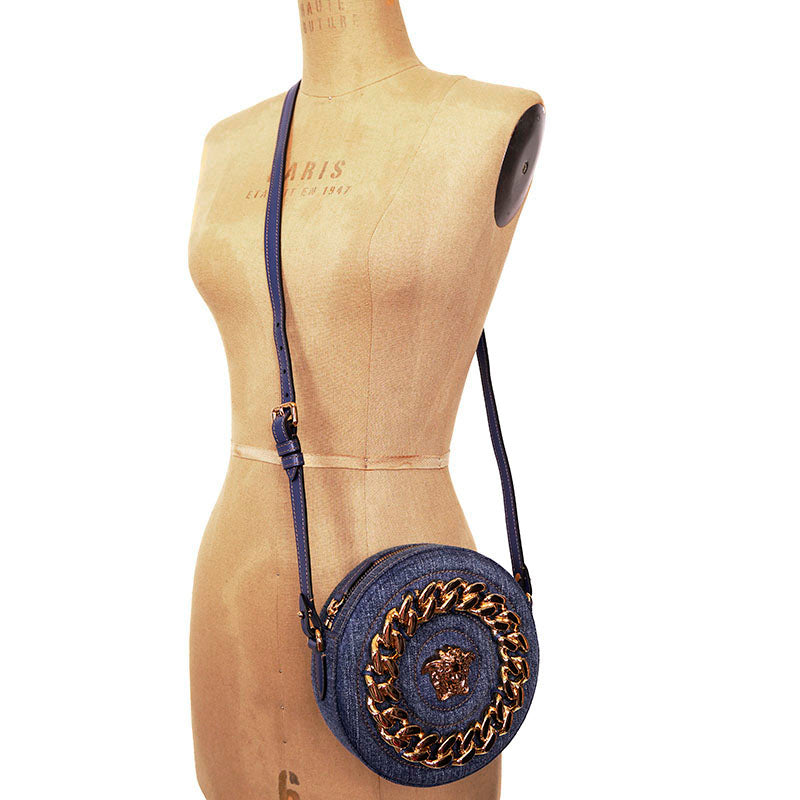 NEW $1,695 VERSACE Denim & Leather Gold LA MEDUSA CHAIN Logo DISCO ROUND BAG NWT