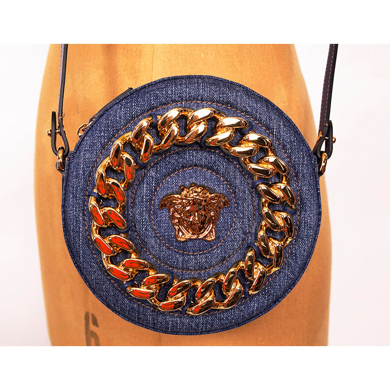 NEW $1,695 VERSACE Denim & Leather Gold LA MEDUSA CHAIN Logo DISCO ROUND BAG NWT