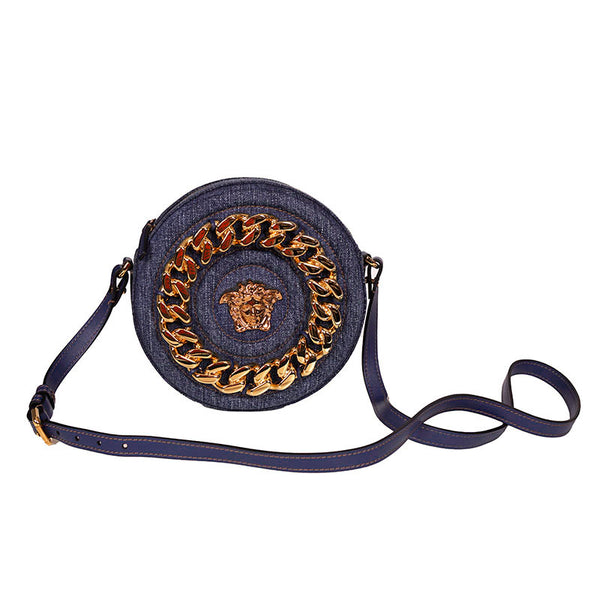 NEW $1,695 VERSACE Denim & Leather Gold LA MEDUSA CHAIN Logo DISCO ROUND BAG NWT