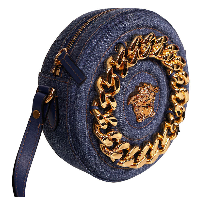 NEW $1,695 VERSACE Denim & Leather Gold LA MEDUSA CHAIN Logo DISCO ROUND BAG NWT