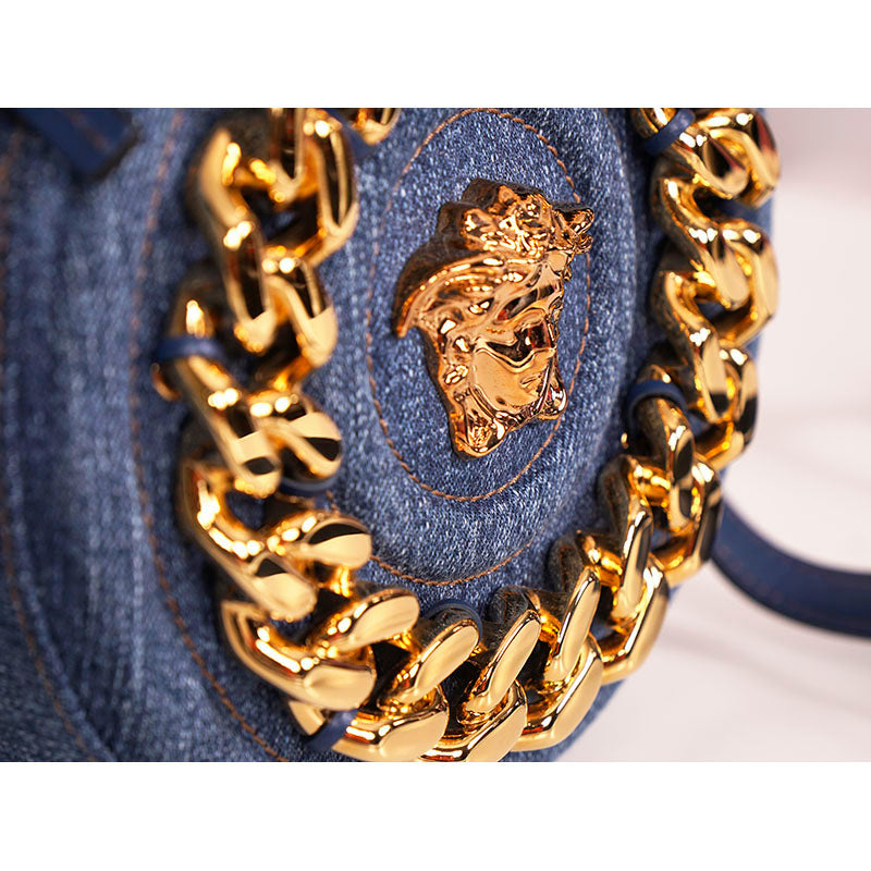 NEW $1,695 VERSACE Denim & Leather Gold LA MEDUSA CHAIN Logo DISCO ROUND BAG NWT