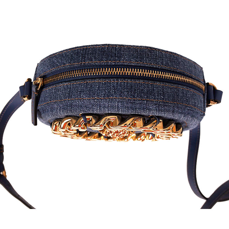 NEW $1,695 VERSACE Denim & Leather Gold LA MEDUSA CHAIN Logo DISCO ROUND BAG NWT