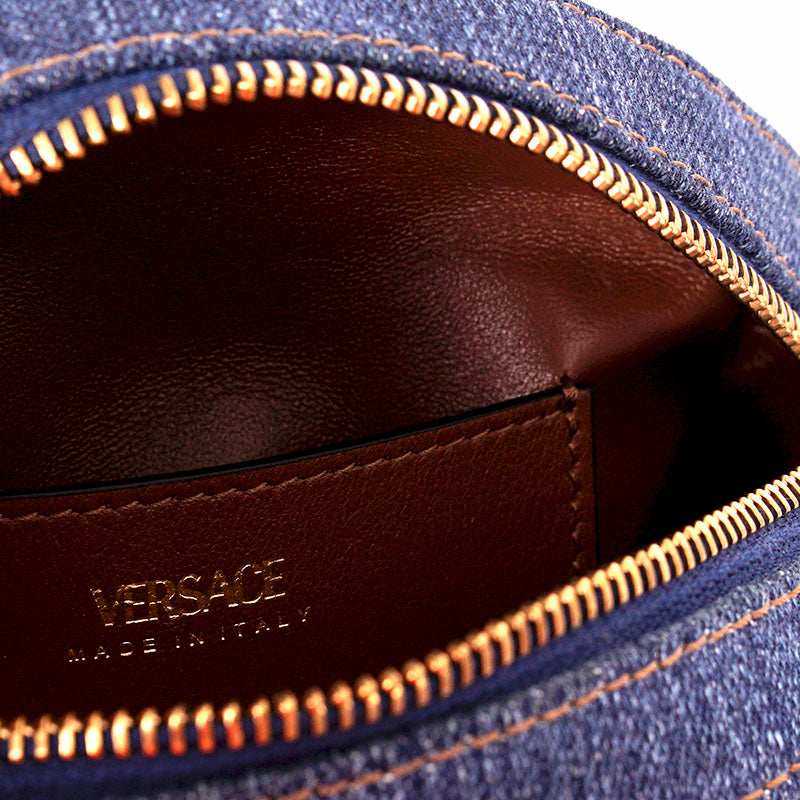 NEW $1,695 VERSACE Denim & Leather Gold LA MEDUSA CHAIN Logo DISCO ROUND BAG NWT