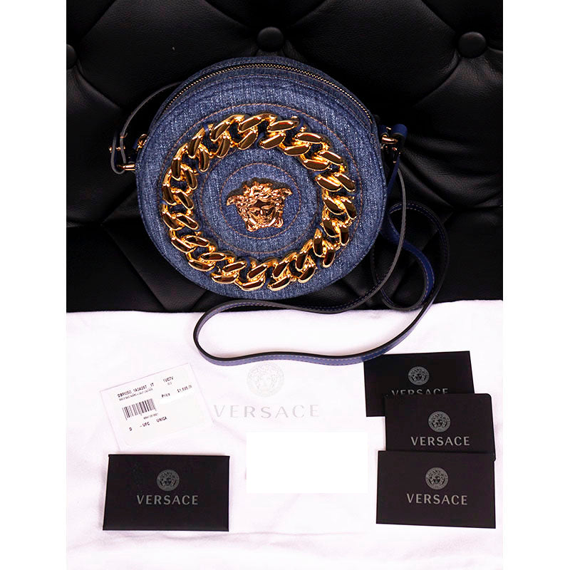 NEW $1,695 VERSACE Denim & Leather Gold LA MEDUSA CHAIN Logo DISCO ROUND BAG NWT