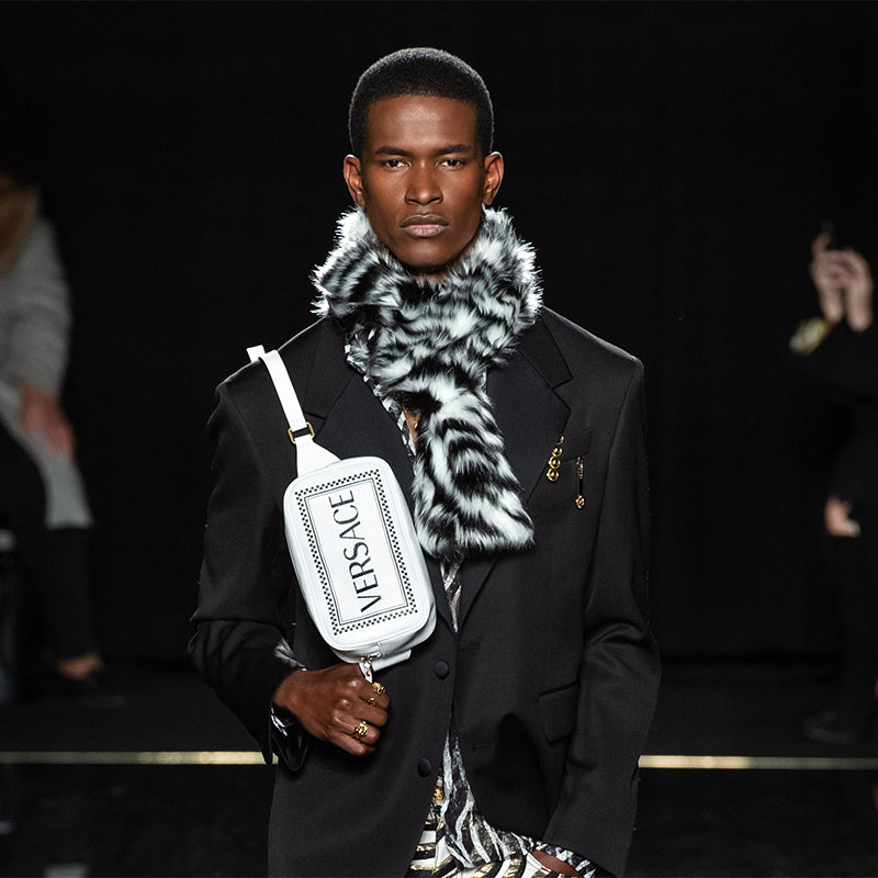 NEW $795 VERSACE RUNWAY Black White Zebra Print FAUX FUR STOLE 54" x 9" SCARF