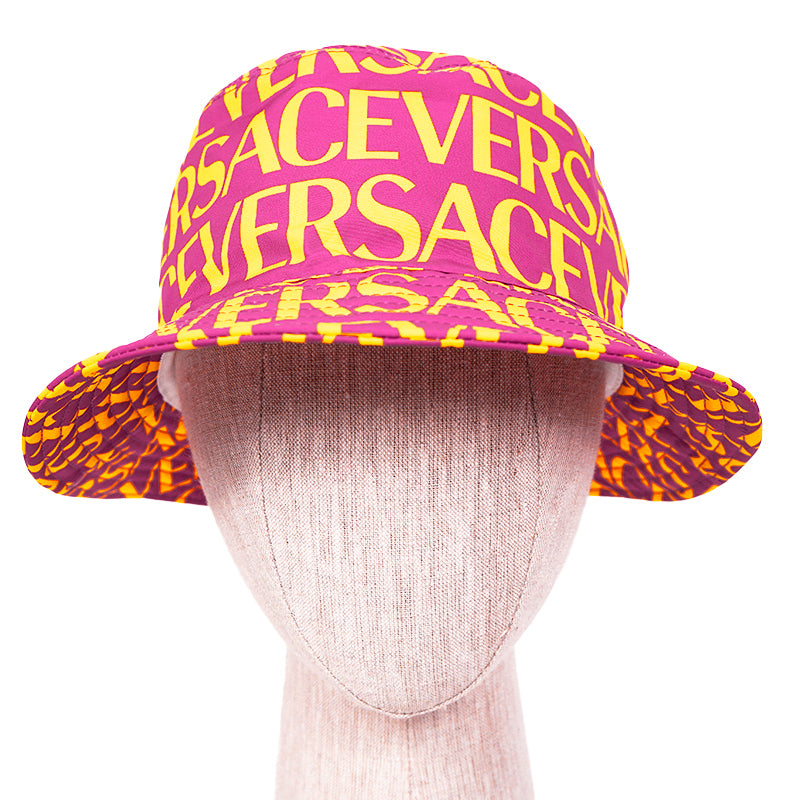 SZ 57, 58 & 59 NEW $475 VERSACE Pink YELLOW ALLOVER LOGO Signature Print Unisex BUCKET HAT