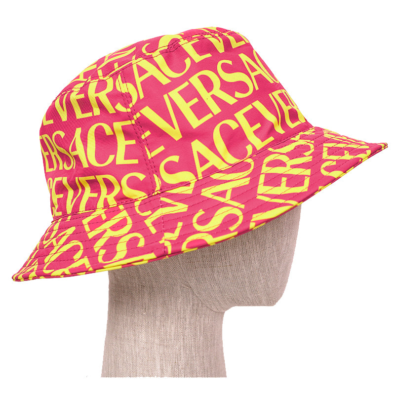 SZ 57, 58 & 59 NEW $475 VERSACE Pink YELLOW ALLOVER LOGO Signature Print Unisex BUCKET HAT