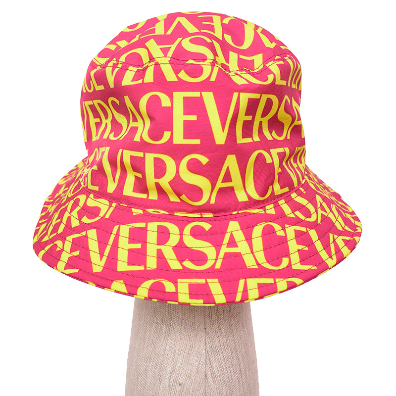 SZ 57, 58 & 59 NEW $475 VERSACE Pink YELLOW ALLOVER LOGO Signature Print Unisex BUCKET HAT