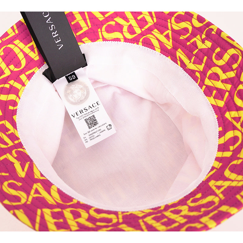 SZ 57, 58 & 59 NEW $475 VERSACE Pink YELLOW ALLOVER LOGO Signature Print Unisex BUCKET HAT
