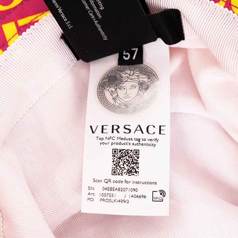 SZ 57, 58 & 59 NEW $475 VERSACE Pink YELLOW ALLOVER LOGO Signature Print Unisex BUCKET HAT