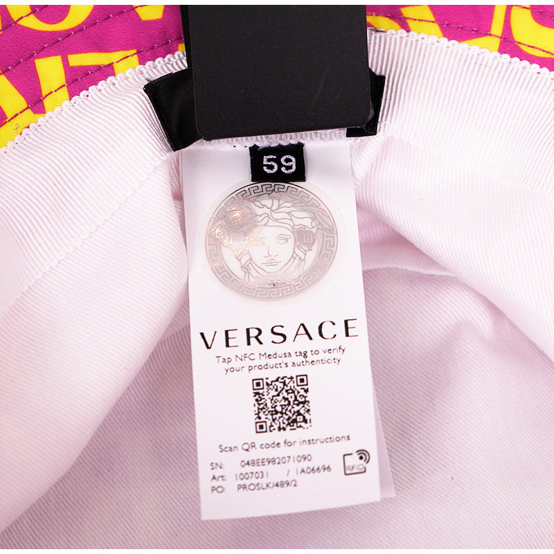 SZ 57, 58 & 59 NEW $475 VERSACE Pink YELLOW ALLOVER LOGO Signature Print Unisex BUCKET HAT