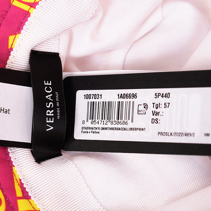 SZ 57, 58 & 59 NEW $475 VERSACE Pink YELLOW ALLOVER LOGO Signature Print Unisex BUCKET HAT