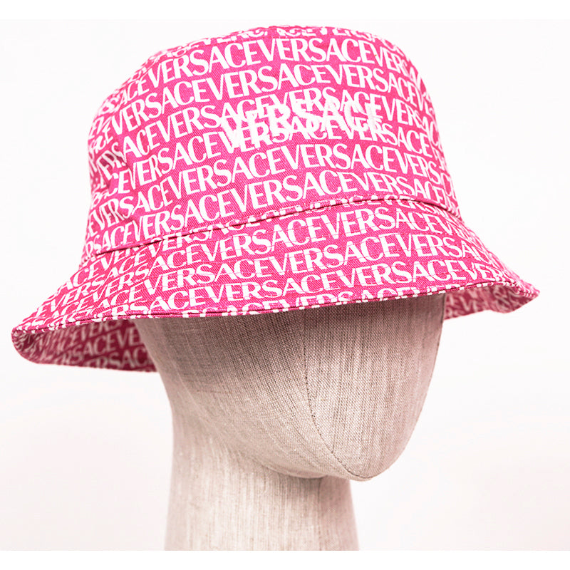 57/58 M NEW $475 VERSACE Pink Cotton ALLOVER LOGO Signature Print Unisex BUCKET HAT