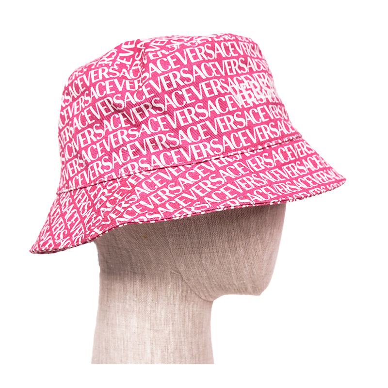 57/58 M NEW $475 VERSACE Pink Cotton ALLOVER LOGO Signature Print Unisex BUCKET HAT