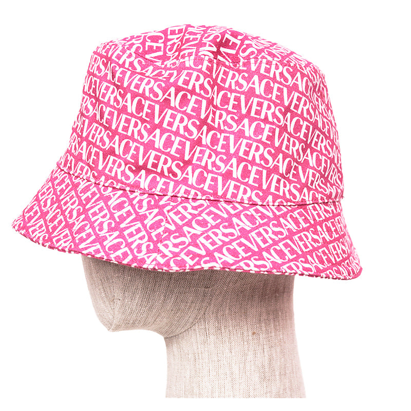 57/58 M NEW $475 VERSACE Pink Cotton ALLOVER LOGO Signature Print Unisex BUCKET HAT