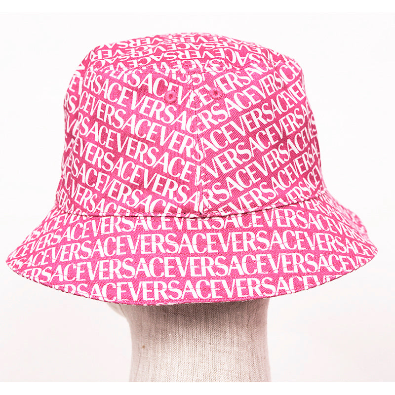 57/58 M NEW $475 VERSACE Pink Cotton ALLOVER LOGO Signature Print Unisex BUCKET HAT