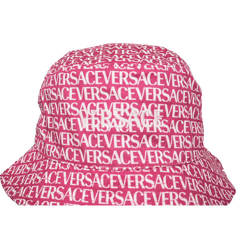 57/58 M NEW $475 VERSACE Pink Cotton ALLOVER LOGO Signature Print Unisex BUCKET HAT