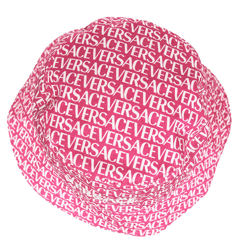 57/58 M NEW $475 VERSACE Pink Cotton ALLOVER LOGO Signature Print Unisex BUCKET HAT
