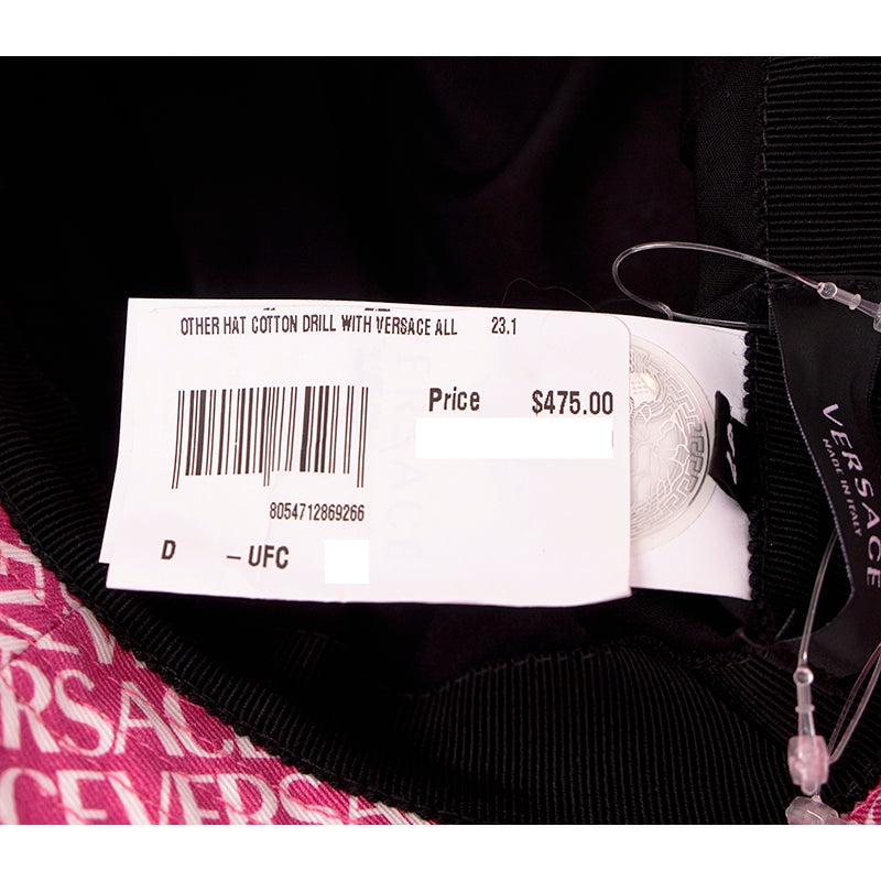 57/58 M NEW $475 VERSACE Pink Cotton ALLOVER LOGO Signature Print Unisex BUCKET HAT
