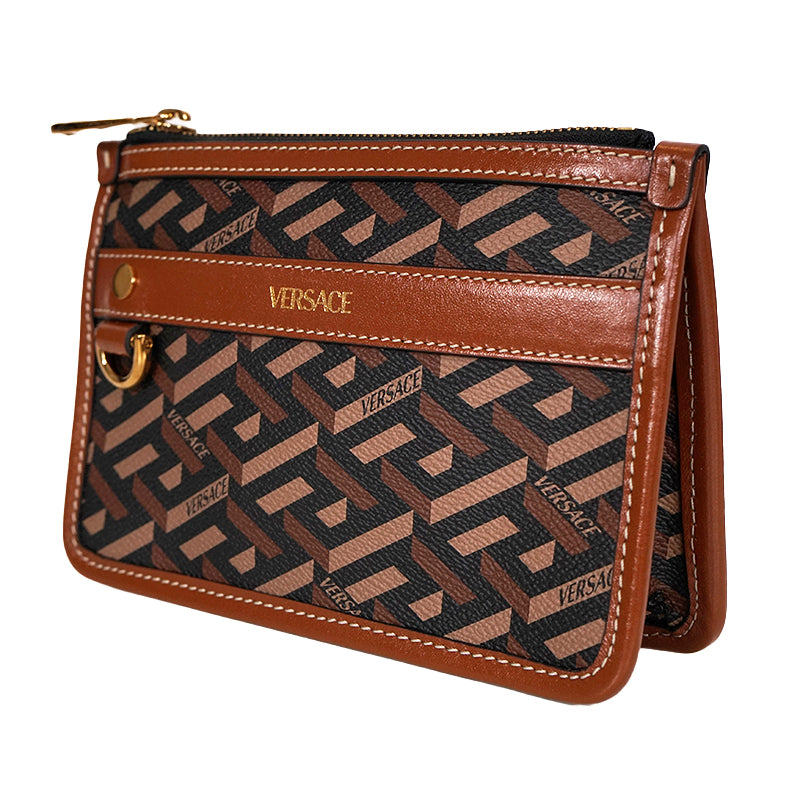 NEW $595 VERSACE Caramel LA GRECA Signature Small Pouch MODULAR CLUTCH Zip BAG