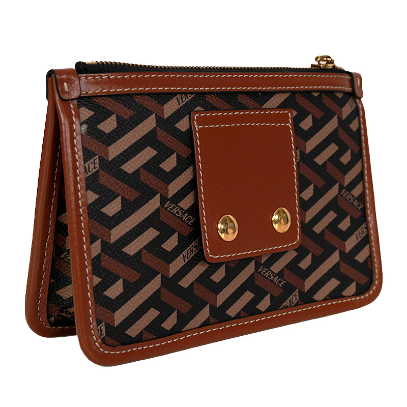 NEW $595 VERSACE Caramel LA GRECA Signature Small Pouch MODULAR CLUTCH Zip BAG