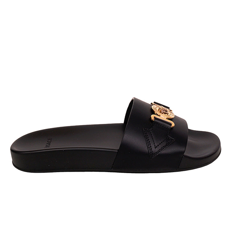 39 NEW $650 VERSACE Woman Black Leather GOLD BIGGIE MEDUSA Pool Slides SANDALS 9