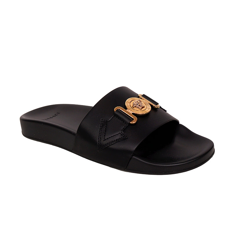 39 NEW $650 VERSACE Woman Black Leather GOLD BIGGIE MEDUSA Pool Slides SANDALS 9