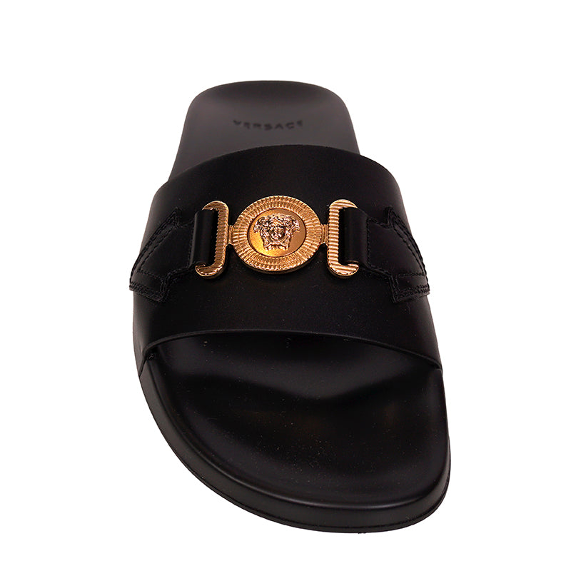 39 NEW $650 VERSACE Woman Black Leather GOLD BIGGIE MEDUSA Pool Slides SANDALS 9