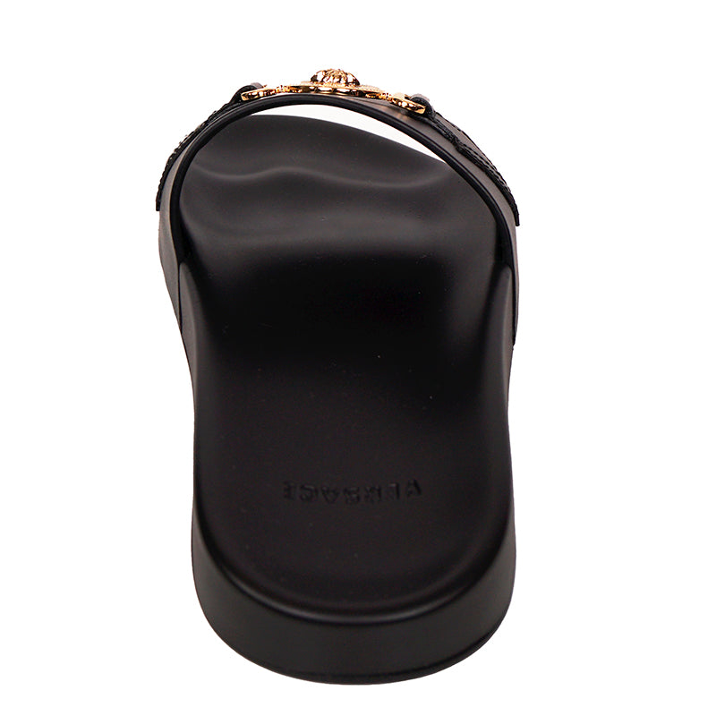 39 NEW $650 VERSACE Woman Black Leather GOLD BIGGIE MEDUSA Pool Slides SANDALS 9
