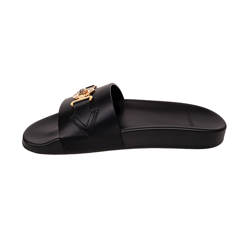 39 NEW $650 VERSACE Woman Black Leather GOLD BIGGIE MEDUSA Pool Slides SANDALS 9