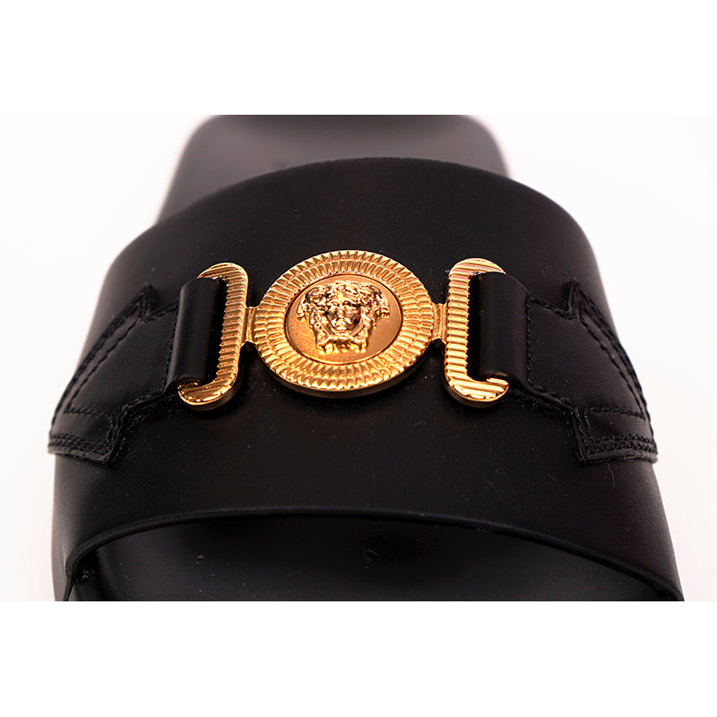 39 NEW $650 VERSACE Woman Black Leather GOLD BIGGIE MEDUSA Pool Slides SANDALS 9