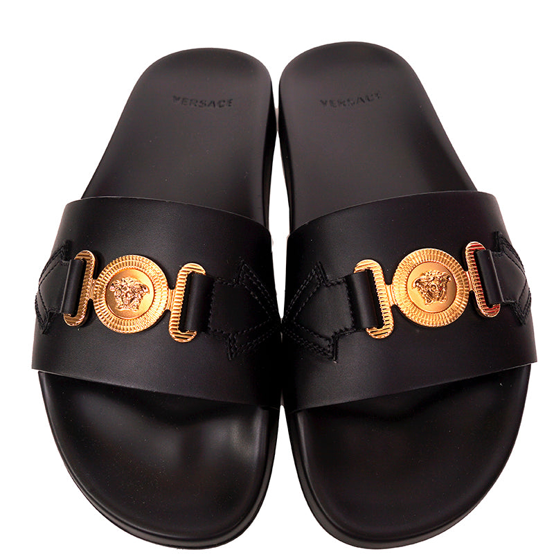 39 NEW $650 VERSACE Woman Black Leather GOLD BIGGIE MEDUSA Pool Slides SANDALS 9