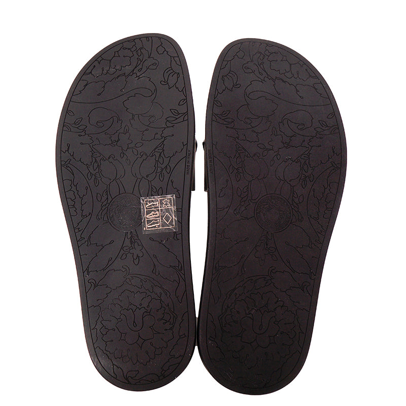 39 NEW $650 VERSACE Woman Black Leather GOLD BIGGIE MEDUSA Pool Slides SANDALS 9