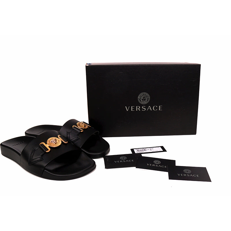 39 NEW $650 VERSACE Woman Black Leather GOLD BIGGIE MEDUSA Pool Slides SANDALS 9