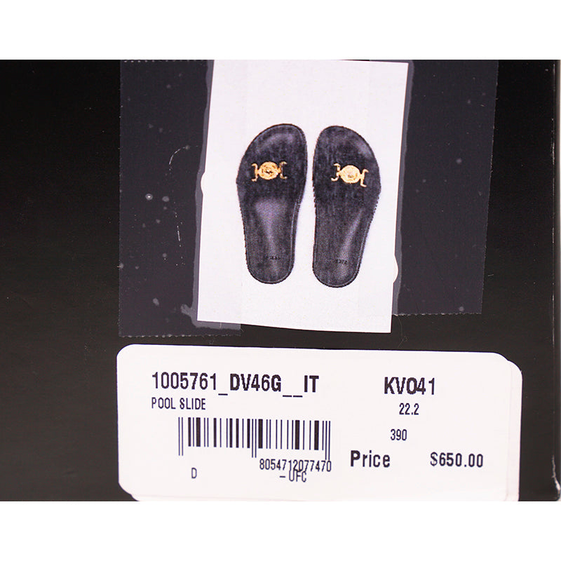 39 NEW $650 VERSACE Woman Black Leather GOLD BIGGIE MEDUSA Pool Slides SANDALS 9