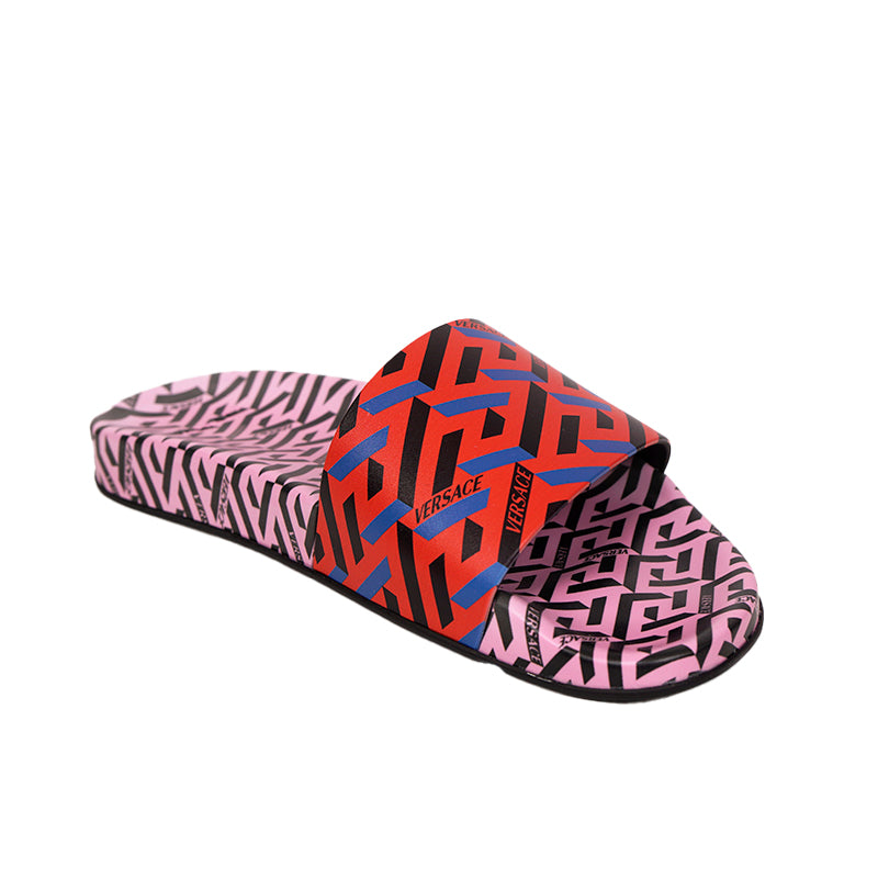 37 & 38 NEW $450 VERSACE Woman's Orange & Pink LA GRECA Logo Pool Slides SANDALS NIB