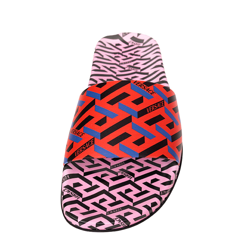 37 & 38 NEW $450 VERSACE Woman's Orange & Pink LA GRECA Logo Pool Slides SANDALS NIB