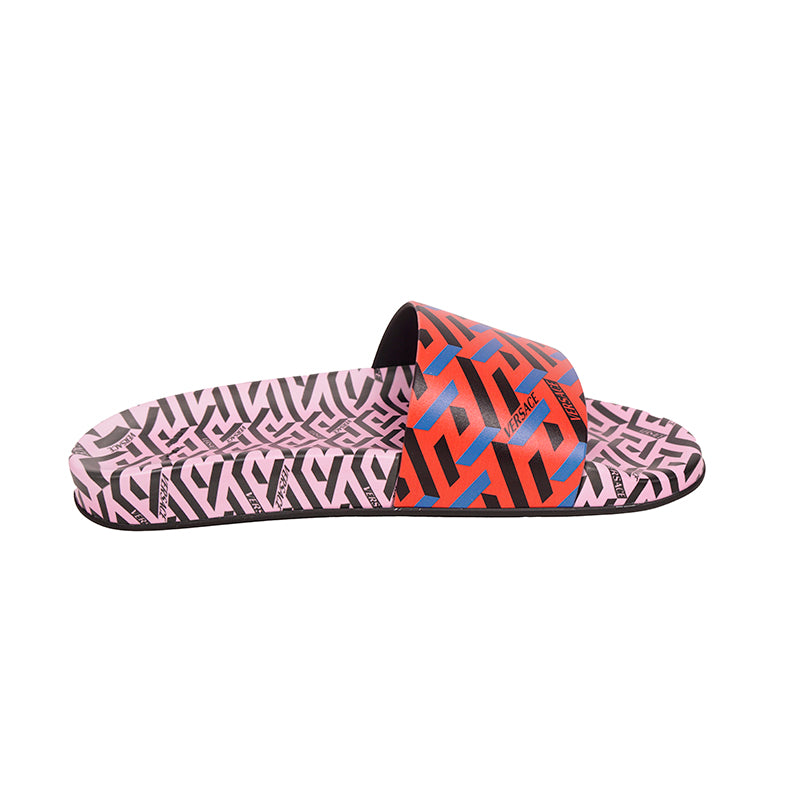 37 & 38 NEW $450 VERSACE Woman's Orange & Pink LA GRECA Logo Pool Slides SANDALS NIB