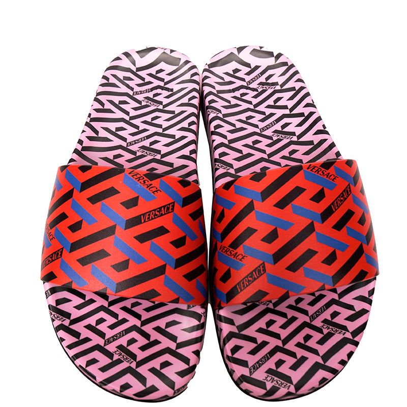 37 & 38 NEW $450 VERSACE Woman's Orange & Pink LA GRECA Logo Pool Slides SANDALS NIB