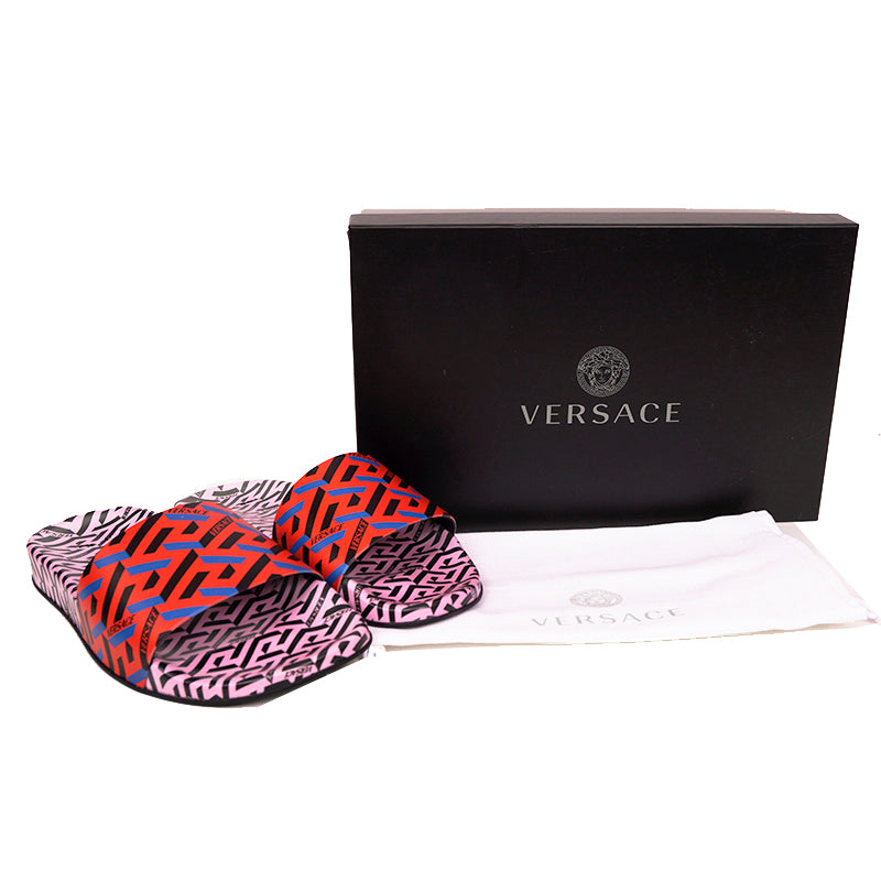 37 & 38 NEW $450 VERSACE Woman's Orange & Pink LA GRECA Logo Pool Slides SANDALS NIB