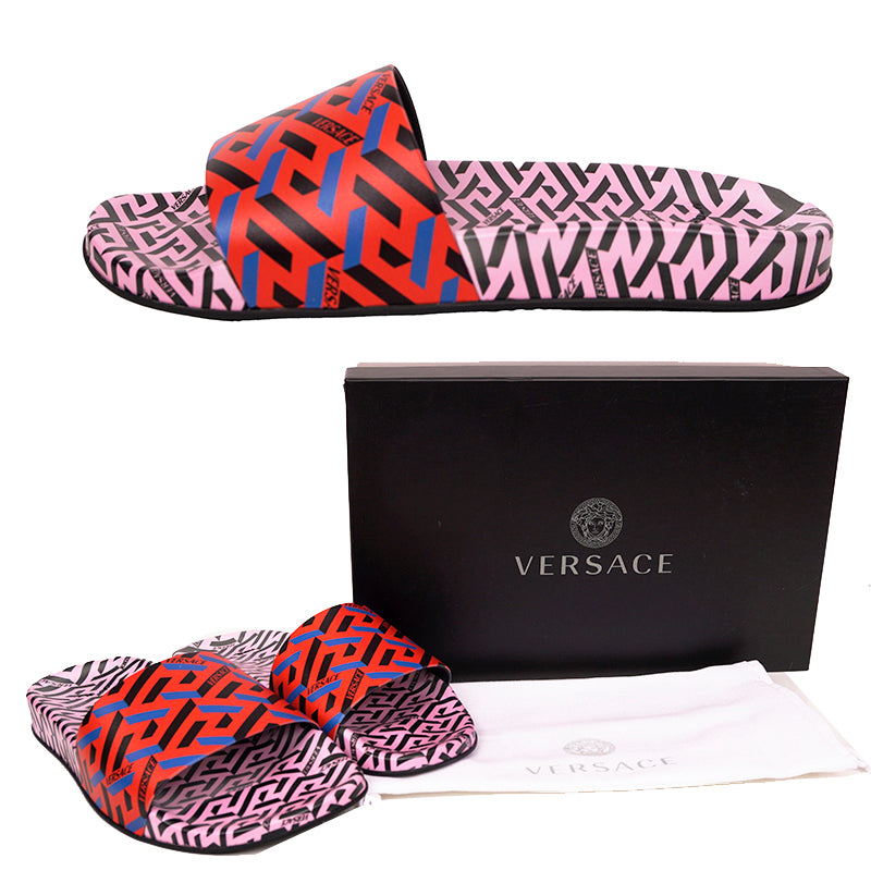 37 & 38 NEW $450 VERSACE Woman's Orange & Pink LA GRECA Logo Pool Slides SANDALS NIB